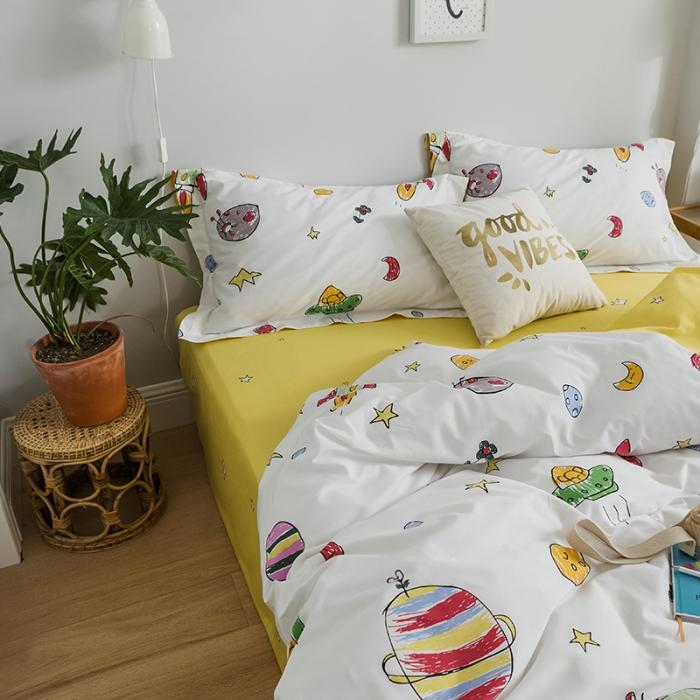 91家纺网 家纺一手货源 找家纺 窝米 2018全棉13372减龄卡通系列四件套床单款星际宇航