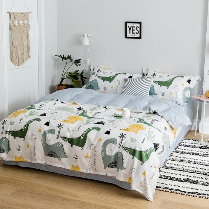 91家纺网 家纺一手货源 找家纺 窝米 2018全棉13372减龄卡通系列四件套床单款小恐龙灰