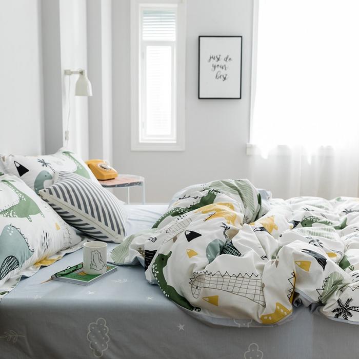 91家纺网 家纺一手货源 找家纺 窝米 2018全棉13372减龄卡通系列四件套床单款小恐龙灰