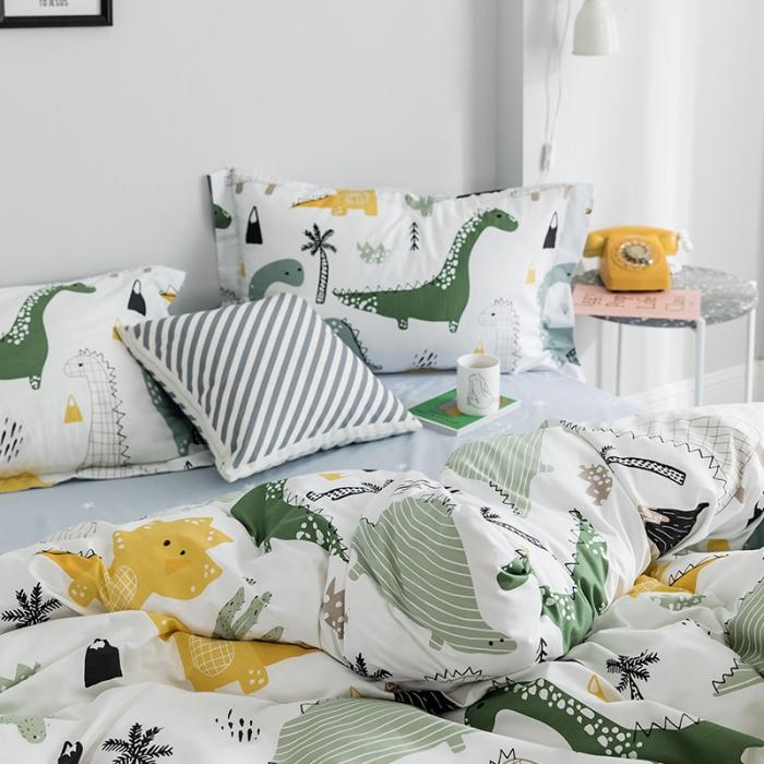 91家纺网 家纺一手货源 找家纺 窝米 2018全棉13372减龄卡通系列四件套床单款小恐龙灰