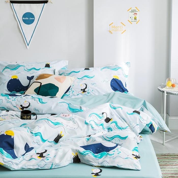 91家纺网 家纺一手货源 找家纺 窝米 2019全棉13372减龄卡通系列四件套床单款漂流旅行