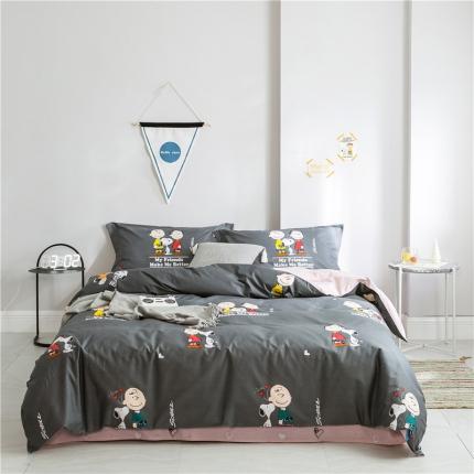 窝米2019全棉13372减龄卡通系列四件套床单款史努比蓝灰