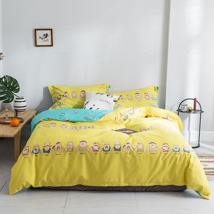 91家纺网 家纺一手货源 找家纺 窝米2019全棉13372卡通花卉系列四件套床单款巴黎大叔黄