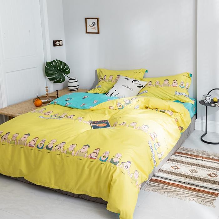 91家纺网 家纺一手货源 找家纺 窝米2019全棉13372卡通花卉系列四件套床单款巴黎大叔黄