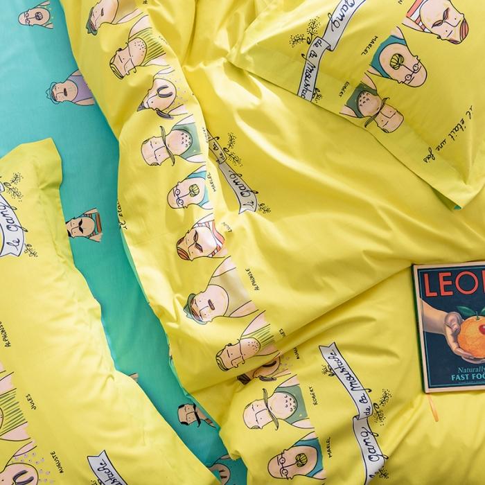 91家纺网 家纺一手货源 找家纺 窝米2019全棉13372卡通花卉系列四件套床单款巴黎大叔黄