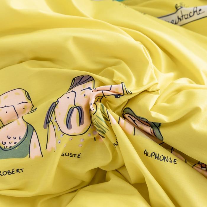 91家纺网 家纺一手货源 找家纺 窝米2019全棉13372卡通花卉系列四件套床单款巴黎大叔黄