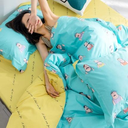 窝米2019全棉13372卡通花卉系列四件套床单款巴黎大叔蓝