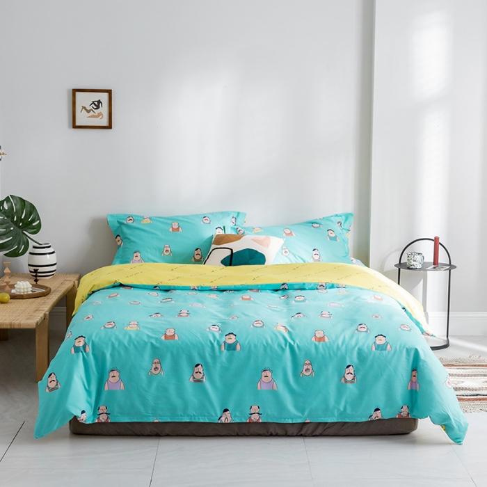 91家纺网 家纺一手货源 找家纺 窝米2019全棉13372卡通花卉系列四件套床单款巴黎大叔蓝