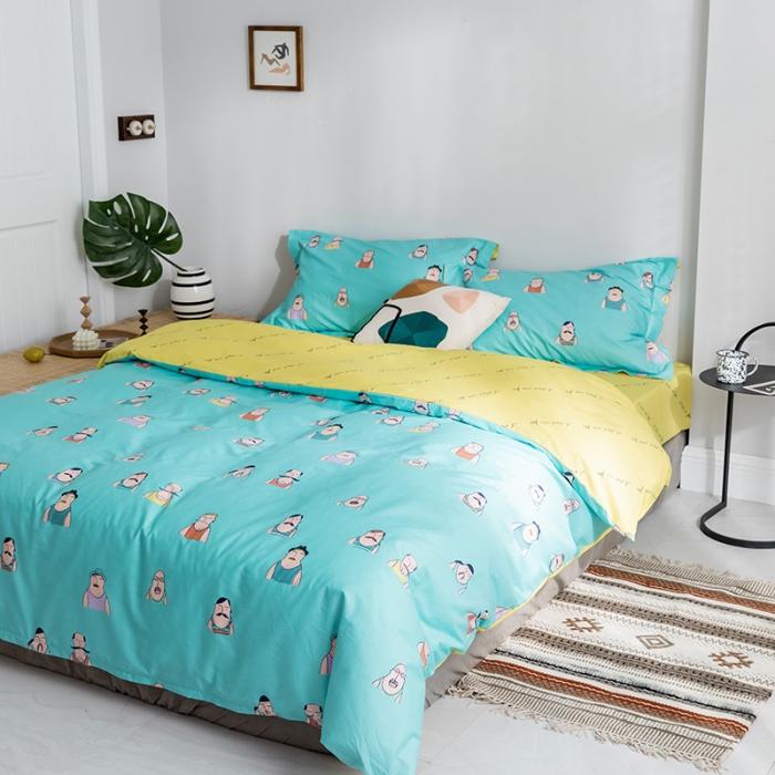 91家纺网 家纺一手货源 找家纺 窝米2019全棉13372卡通花卉系列四件套床单款巴黎大叔蓝