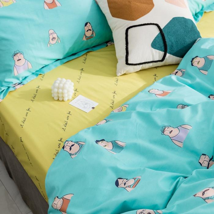 91家纺网 家纺一手货源 找家纺 窝米2019全棉13372卡通花卉系列四件套床单款巴黎大叔蓝
