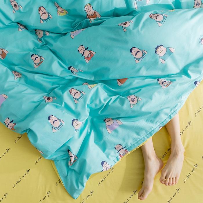 91家纺网 家纺一手货源 找家纺 窝米2019全棉13372卡通花卉系列四件套床单款巴黎大叔蓝