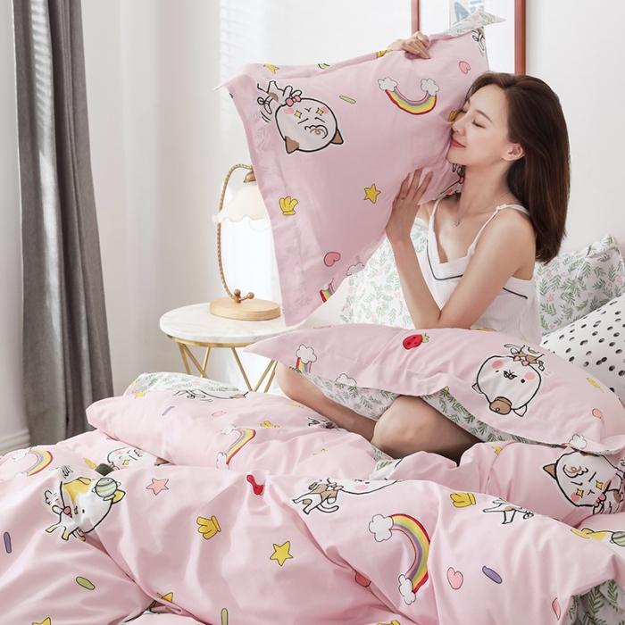 91家纺网 家纺一手货源 找家纺 窝米 2019全棉13372卡通花卉系列四件套床单款彩虹猫咪