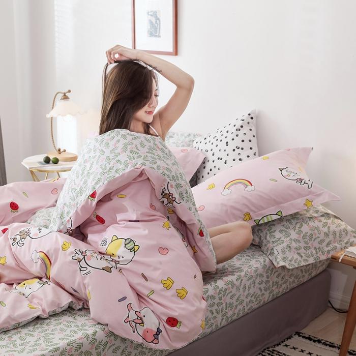 91家纺网 家纺一手货源 找家纺 窝米 2019全棉13372卡通花卉系列四件套床单款彩虹猫咪