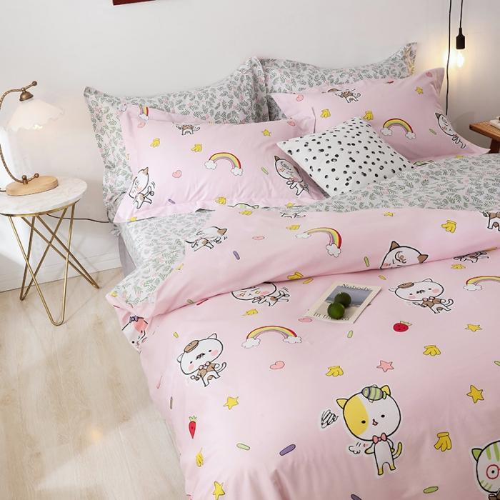 91家纺网 家纺一手货源 找家纺 窝米 2019全棉13372卡通花卉系列四件套床单款彩虹猫咪