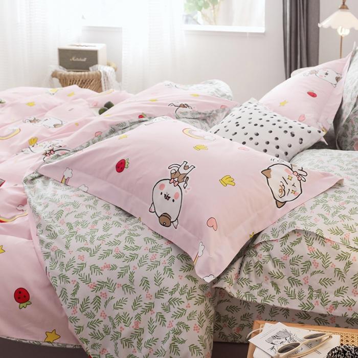 91家纺网 家纺一手货源 找家纺 窝米 2019全棉13372卡通花卉系列四件套床单款彩虹猫咪