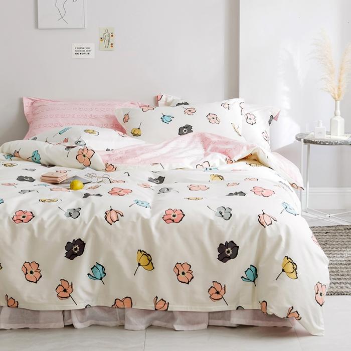 91家纺网 家纺一手货源 找家纺 窝米 2019全棉13372田园花卉系列四件套床单款 彩虹果