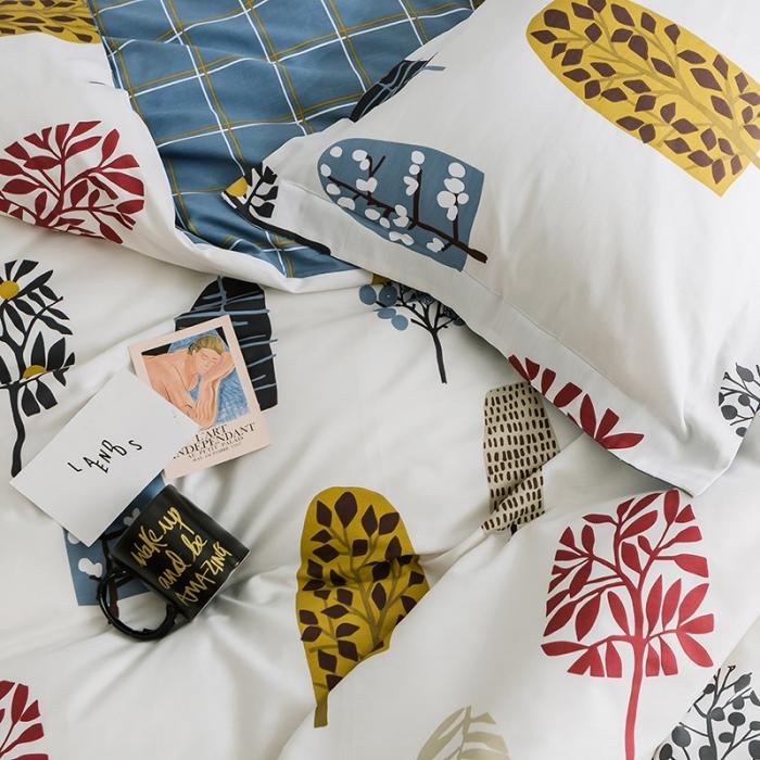 91家纺网 家纺一手货源 找家纺 窝米 2019全棉13372田园花卉系列四件套床单款七彩树林