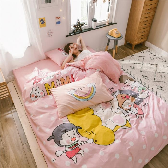 91家纺网 家纺一手货源 找家纺 窝米 大版二次元卡通棉加绒四件套床单款hellomimi