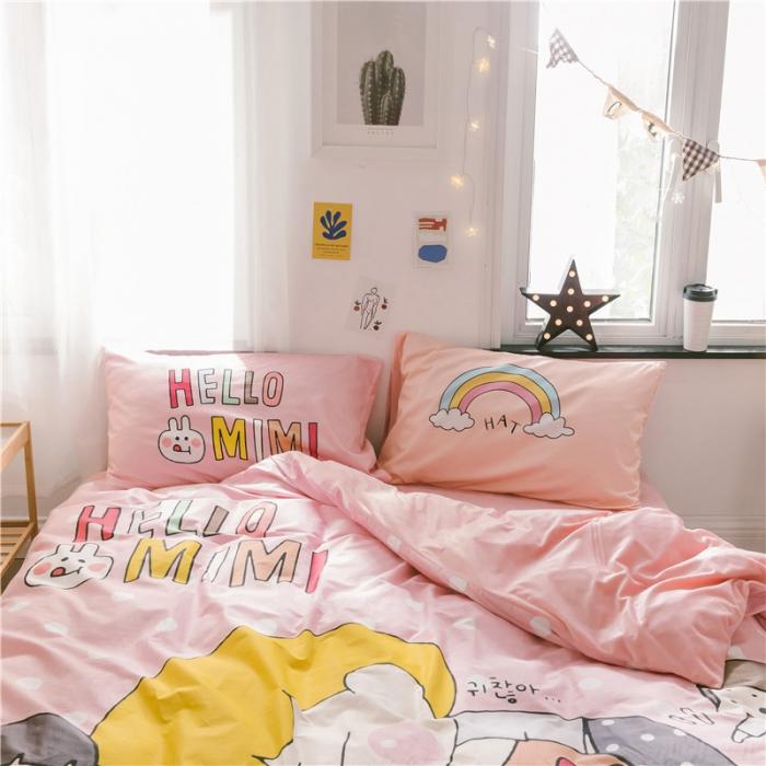 91家纺网 家纺一手货源 找家纺 窝米 大版二次元卡通棉加绒四件套床单款hellomimi
