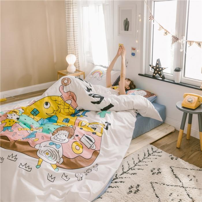 91家纺网 家纺一手货源 找家纺 窝米 2019大版二次元卡通棉加绒四件套床单款 甜甜圈