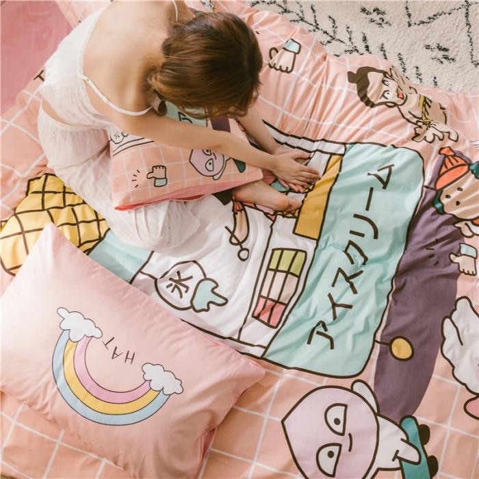 91家纺网 家纺一手货源 找家纺 窝米 2019大版二次元卡通棉加绒四件套床单款 雪糕量贩屋