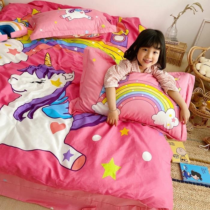 91家纺网 家纺一手货源 找家纺 金爱家家纺 2021新款童梦系列大版卡通全棉四件套 独家彩虹小马