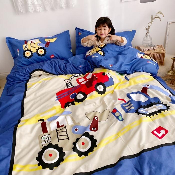 91家纺网 家纺一手货源 找家纺 金爱家家纺 2021新款童梦系列大版卡通全棉四件套 独家工程车