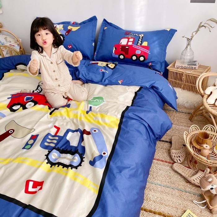 91家纺网 家纺一手货源 找家纺 金爱家家纺 2021新款童梦系列大版卡通全棉四件套 独家工程车