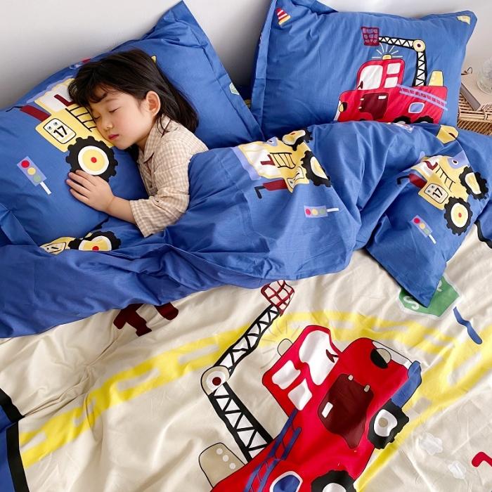 91家纺网 家纺一手货源 找家纺 金爱家家纺 2021新款童梦系列大版卡通全棉四件套 独家工程车