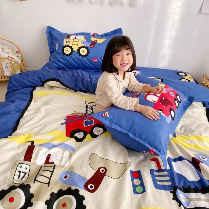91家纺网 家纺一手货源 找家纺 金爱家家纺 2021新款童梦系列大版卡通全棉四件套 独家工程车