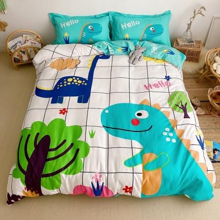 91家纺网 家纺一手货源 找家纺 金爱家家纺 2021新款童梦系列大版卡通全棉四件套 独家恐龙森林白