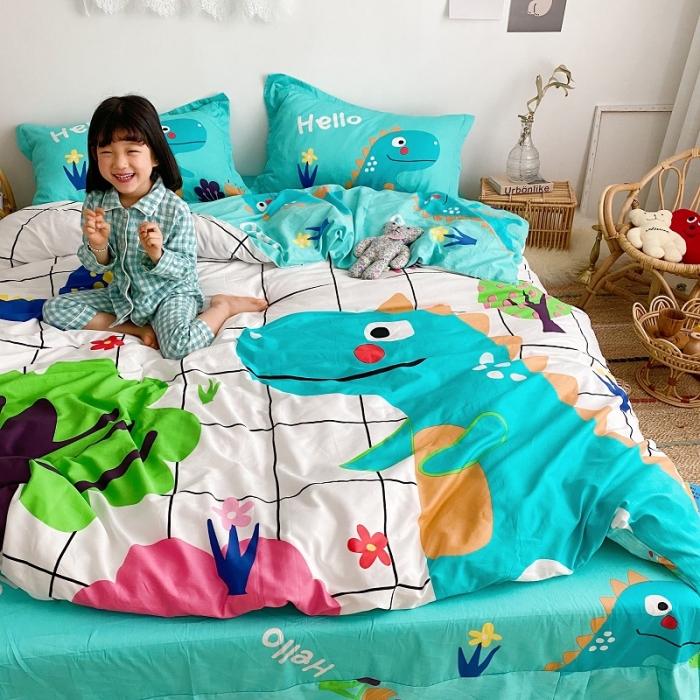 91家纺网 家纺一手货源 找家纺 金爱家家纺 2021新款童梦系列大版卡通全棉四件套 独家恐龙森林白