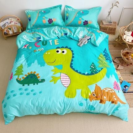 91家纺网 家纺一手货源 找家纺 金爱家家纺 2021新款童梦系列大版卡通全棉四件套 独家恐龙森林绿