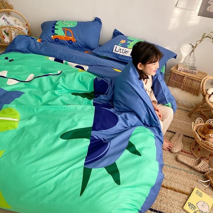 91家纺网 家纺一手货源 找家纺 金爱家家纺 2021新款童梦系列大版卡通全棉四件套 恐龙乐园