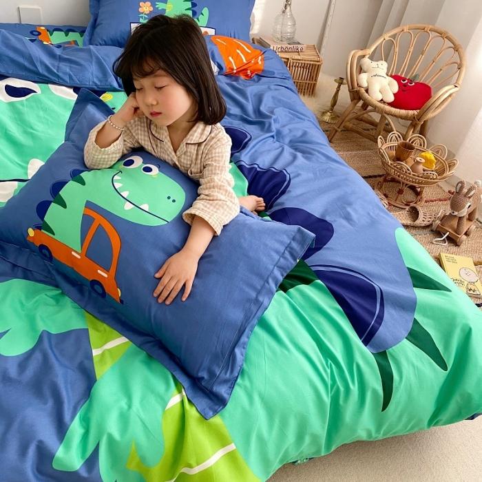91家纺网 家纺一手货源 找家纺 金爱家家纺 2021新款童梦系列大版卡通全棉四件套 恐龙乐园