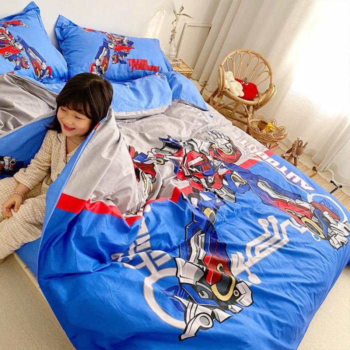 91家纺网 家纺一手货源 找家纺 金爱家家纺 2021新款童梦系列大版卡通全棉四件套 擎天柱