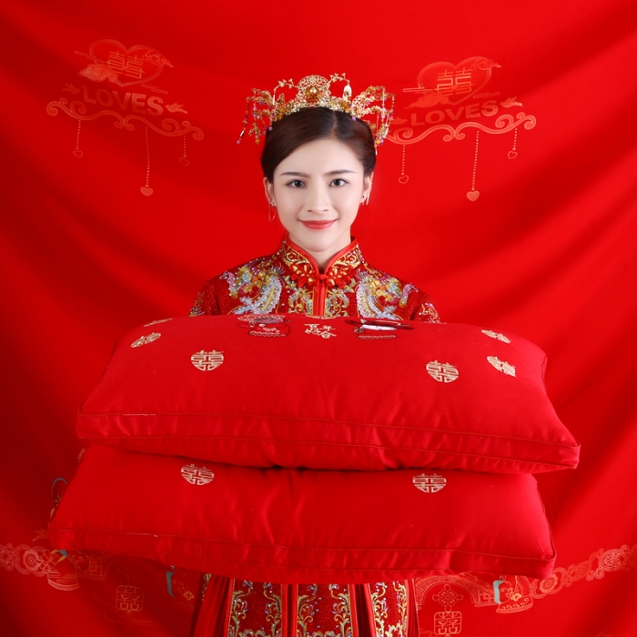 91家纺网 家纺一手货源 找家纺 沃兰国际 全棉贡缎高端婚庆羽丝绒枕芯中国风喜庆结婚单人枕头