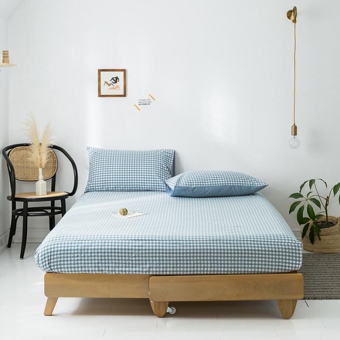 91家纺网 家纺一手货源 找家纺 蓝巢家纺 2020年春夏新品全棉加厚水洗棉单品床笠 蓝小格