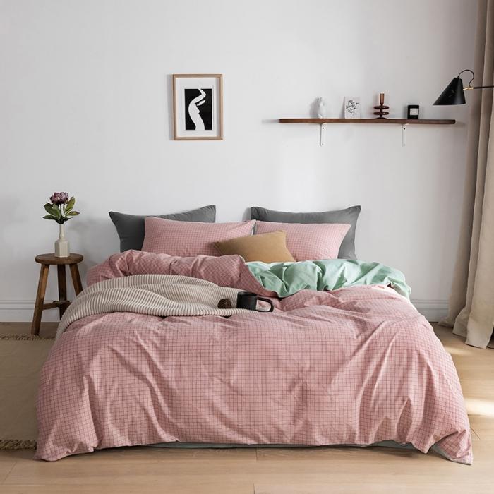 91家纺网 家纺一手货源 找家纺 蓝巢家纺2020年春夏新品全棉加厚水洗棉双拼款四件套丁香粉格