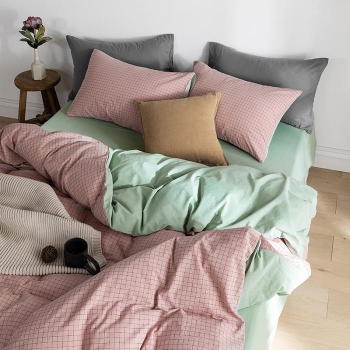 91家纺网 家纺一手货源 找家纺 蓝巢家纺2020年春夏新品全棉加厚水洗棉双拼款四件套丁香粉格