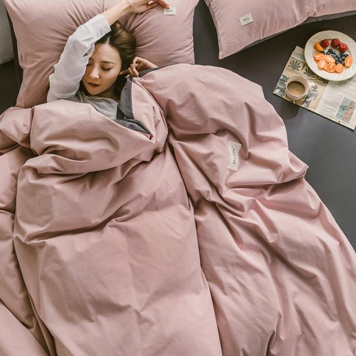 91家纺网 家纺一手货源 找家纺 蓝巢家纺2020年春夏新品全棉加厚水洗棉双拼款四件套豆沙深灰