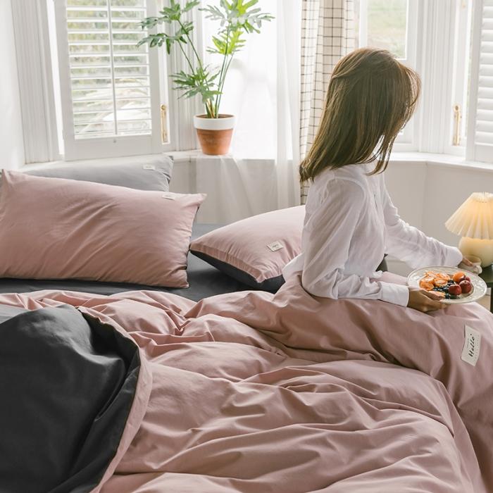 91家纺网 家纺一手货源 找家纺 蓝巢家纺2020年春夏新品全棉加厚水洗棉双拼款四件套豆沙深灰