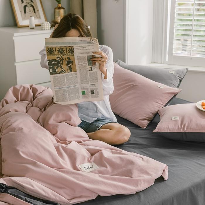 91家纺网 家纺一手货源 找家纺 蓝巢家纺2020年春夏新品全棉加厚水洗棉双拼款四件套豆沙深灰