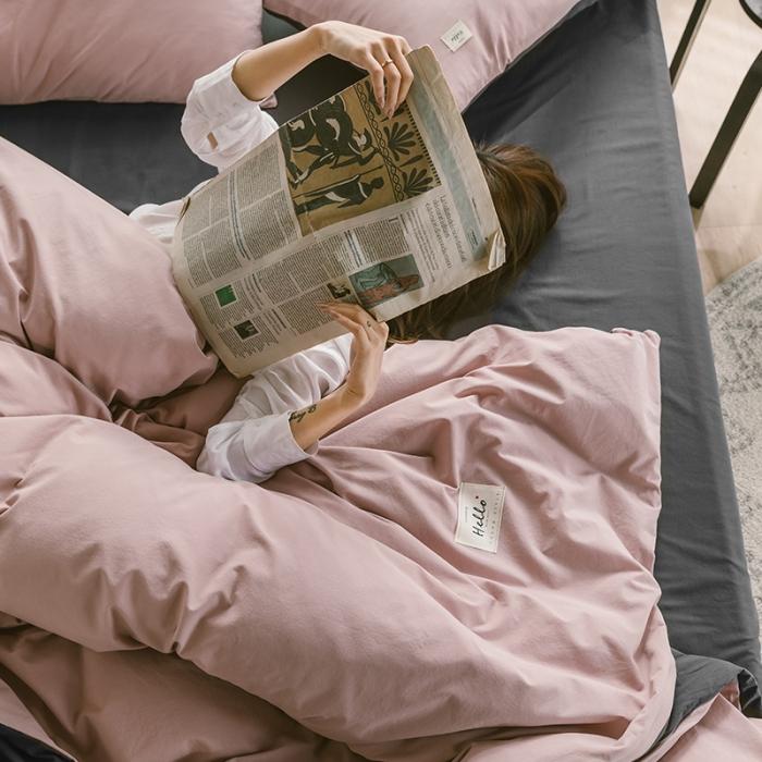 91家纺网 家纺一手货源 找家纺 蓝巢家纺2020年春夏新品全棉加厚水洗棉双拼款四件套豆沙深灰