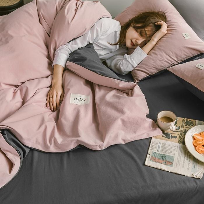 91家纺网 家纺一手货源 找家纺 蓝巢家纺2020年春夏新品全棉加厚水洗棉双拼款四件套豆沙深灰