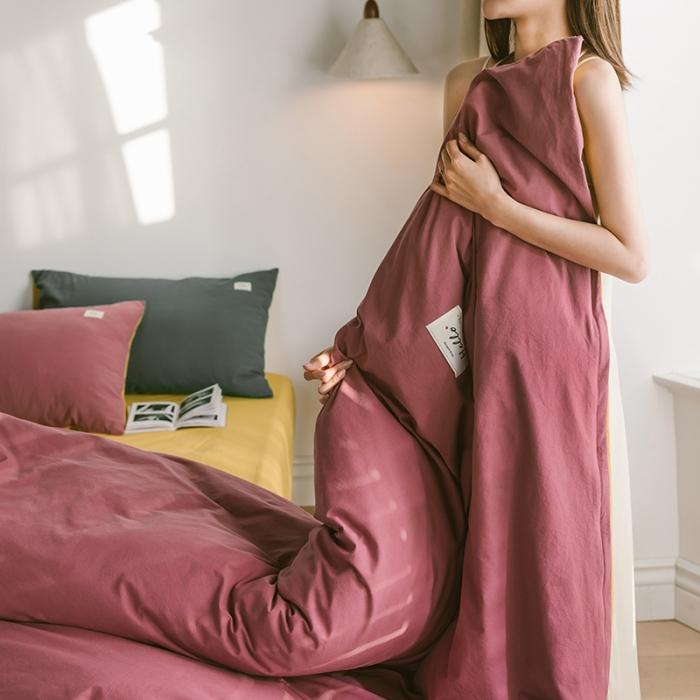 91家纺网 家纺一手货源 找家纺 蓝巢2020年春夏新品全棉加厚水洗棉双拼款四件套海棠红姜黄