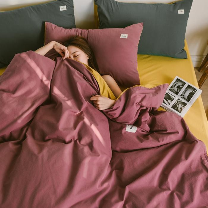 91家纺网 家纺一手货源 找家纺 蓝巢2020年春夏新品全棉加厚水洗棉双拼款四件套海棠红姜黄