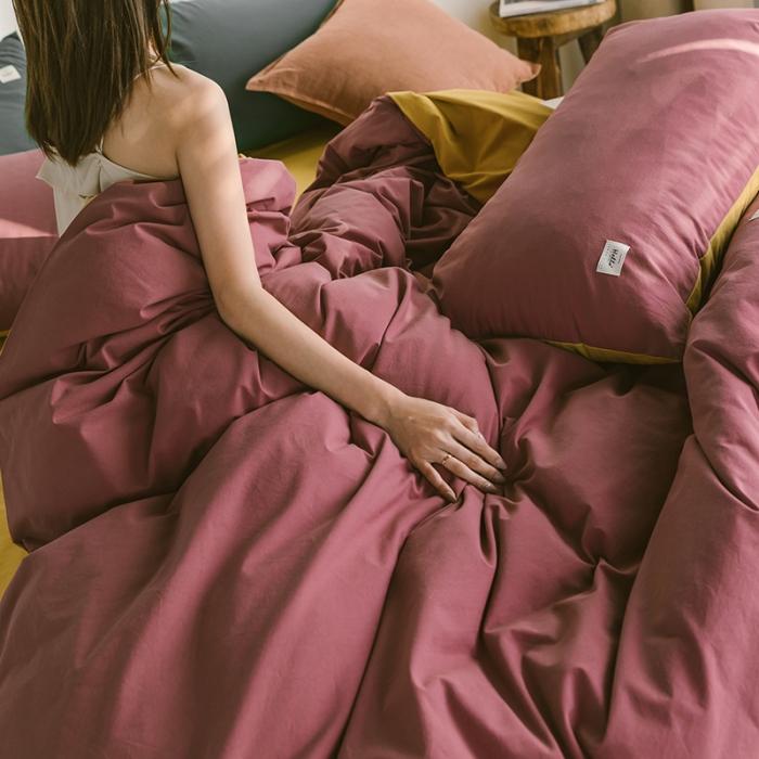 91家纺网 家纺一手货源 找家纺 蓝巢2020年春夏新品全棉加厚水洗棉双拼款四件套海棠红姜黄