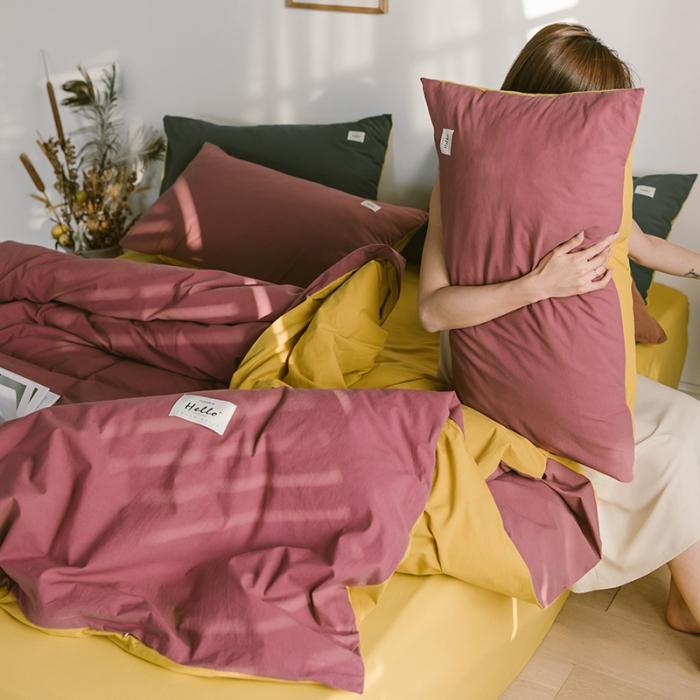 91家纺网 家纺一手货源 找家纺 蓝巢2020年春夏新品全棉加厚水洗棉双拼款四件套海棠红姜黄