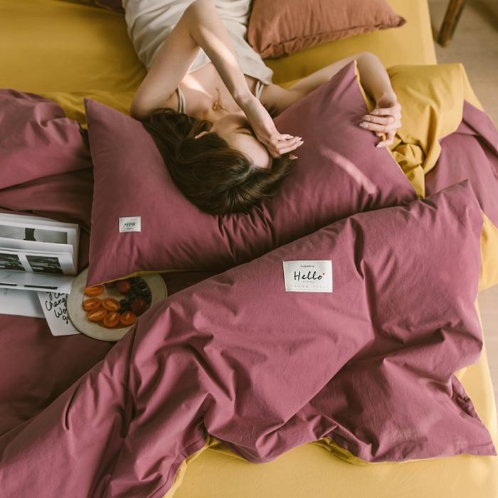 91家纺网 家纺一手货源 找家纺 蓝巢2020年春夏新品全棉加厚水洗棉双拼款四件套海棠红姜黄